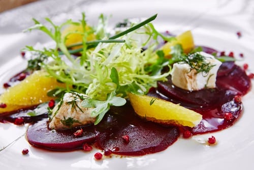 Red-Beet Carpaccio with Goat Cheese and Arugula